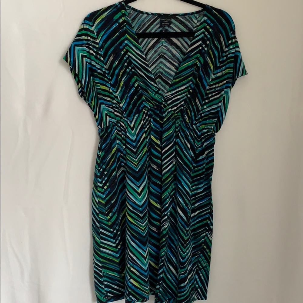 Laura Ashley Blue Green Chevron V-Neck Midi Dress